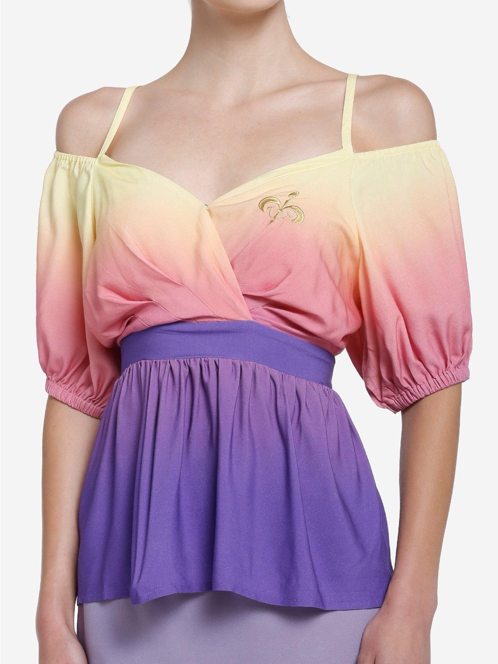 Padme size S Her Universe Off-Shoulder Ombre Peplum Top in Yellow, Pink & Purple